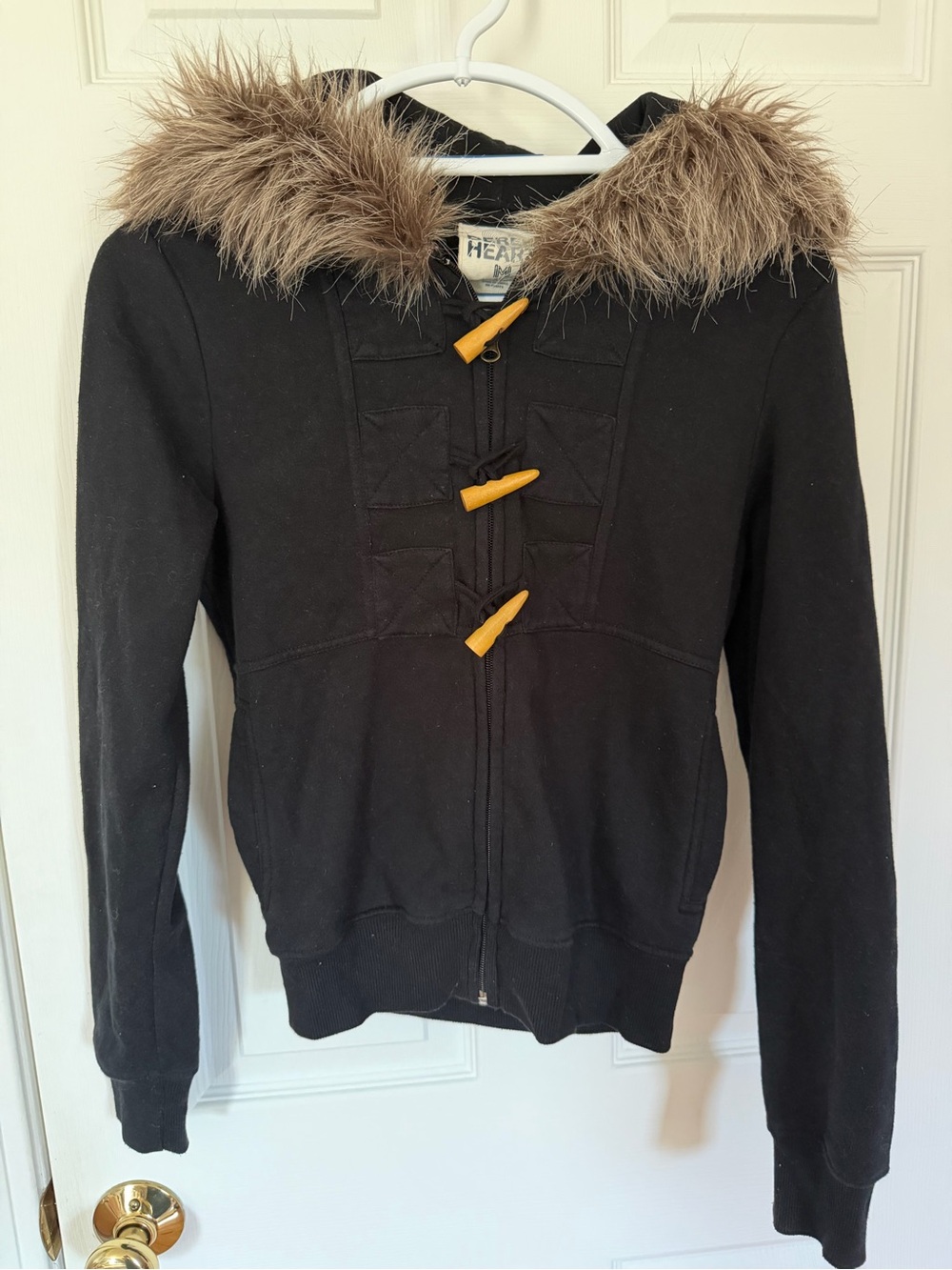 Black Derek Heart Hooded Jacket with Faux Fur Trim and Toggle Accents